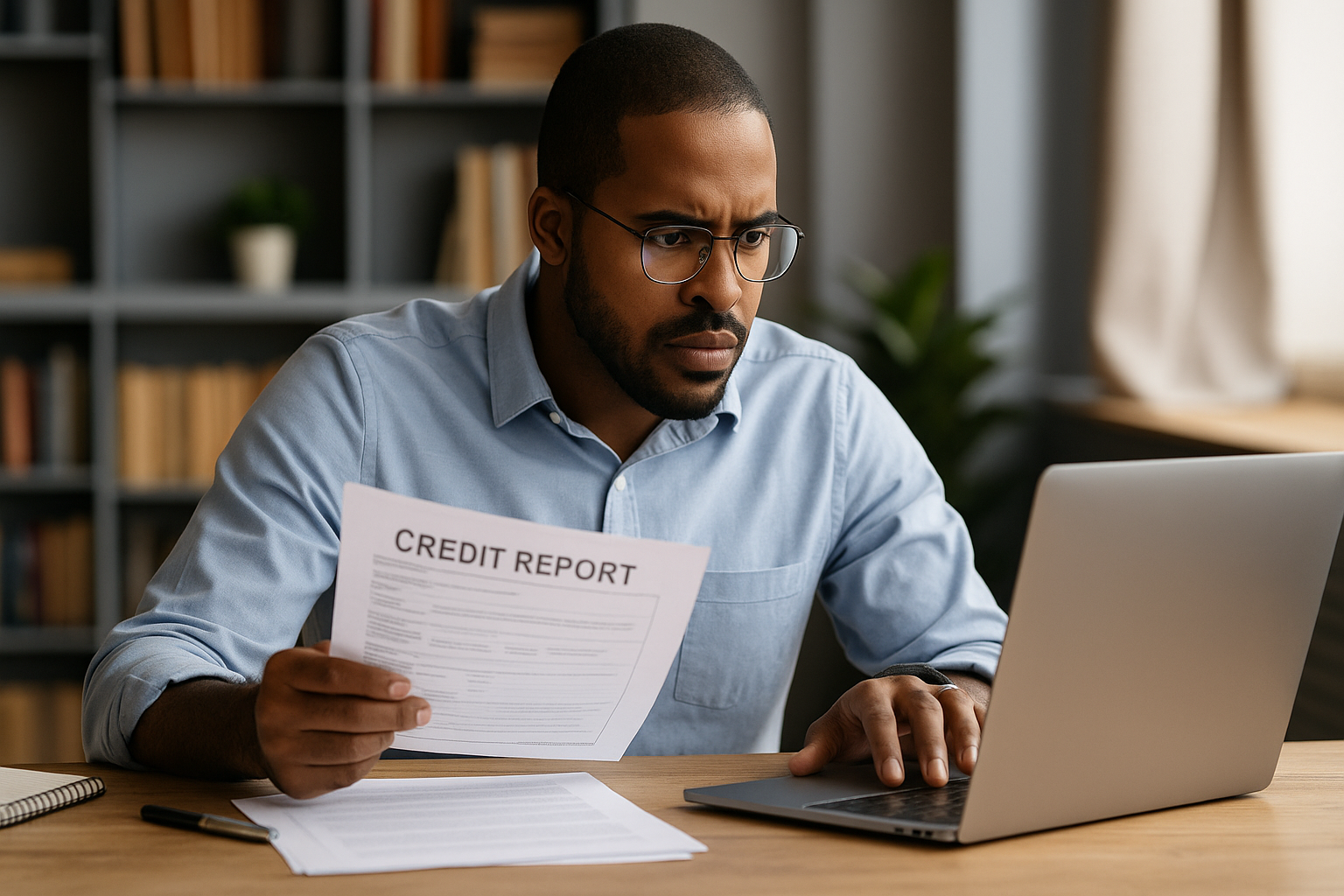 Credit repair specialist reviewing a credit report and analyzing client data at a desk