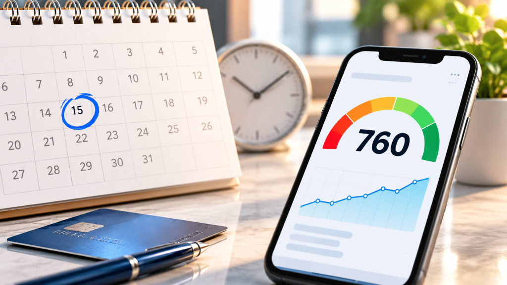 Calendar and credit score dashboard showing when credit scores may update