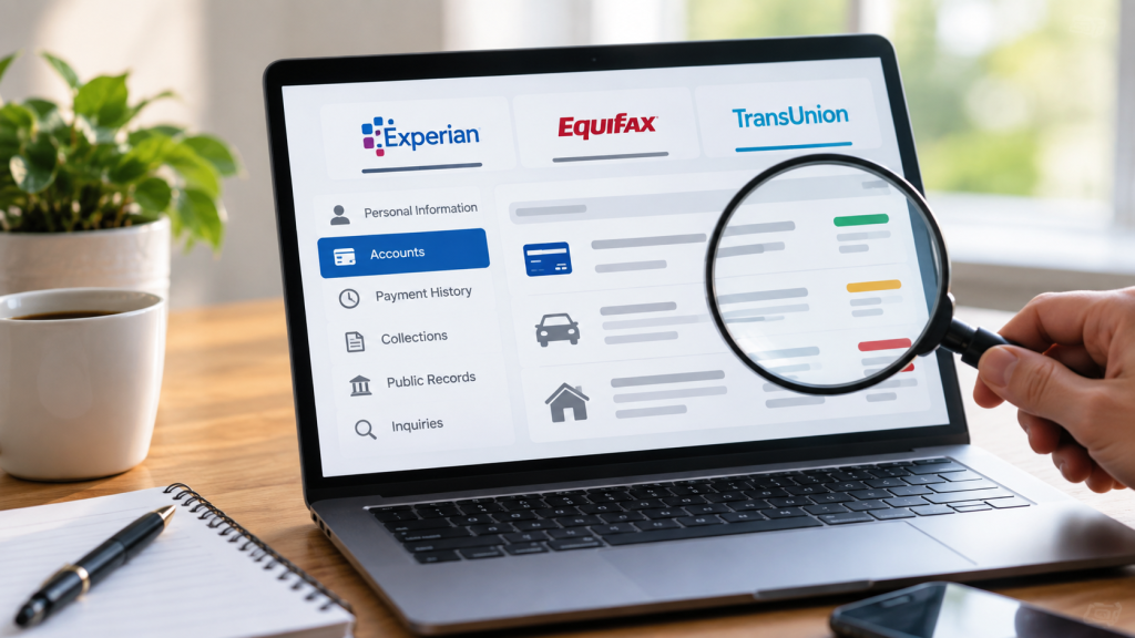 Person reviewing a credit report with account, payment history, collections and inquiry information