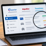 Person reviewing a credit report with account, payment history, collections and inquiry information